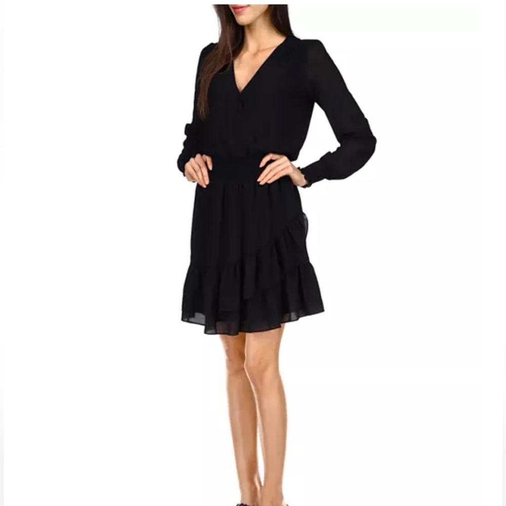 MICHAEL Michael Kors A-line silhouette sheer sleeves smocked waist black dress